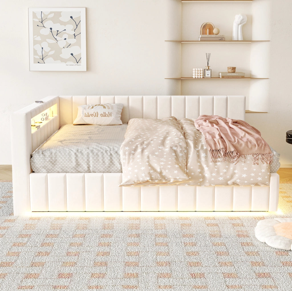 Letto matrimoniale imbottito 140x200 cm con contenitore idraulico; LED e USB; velluto beige