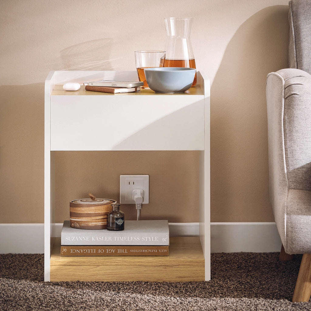 SoBuy Comodino per letto Tavolino stretto Tavolo telefono Bianco e Naturale 45x40x55cm FBT128-WN