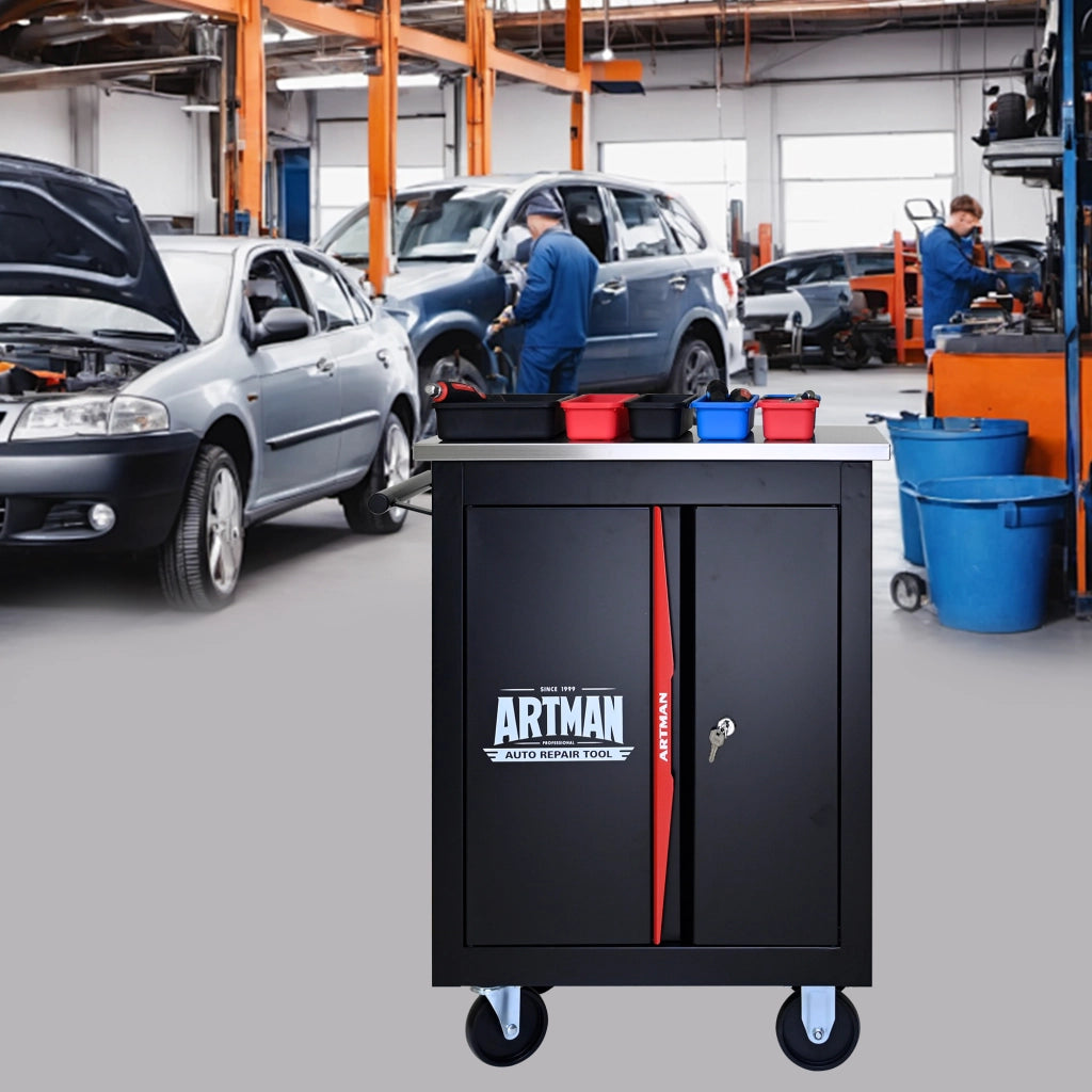 Carrello porta utensili a doppia anta con 4 ruote e serratura in acciaio nero e rosso 62,5 × 34,5 × 78 cm
