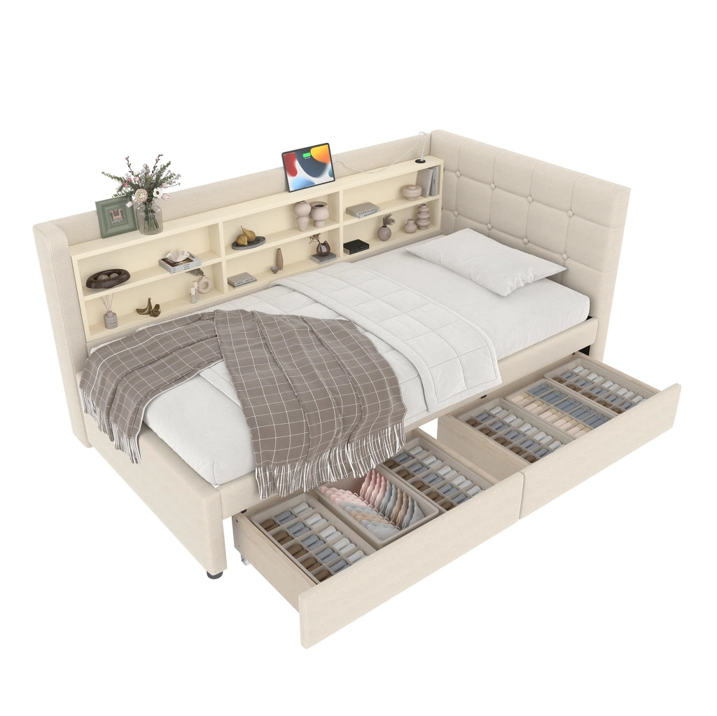 Letto singolo 90x200 cm con cassetti, USB e Type-C beige