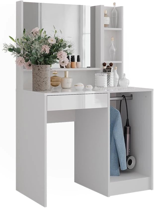 Tavolo da toeletta Sherry, Bianco/bianco lucido, 89.8 cm 3 parti, con grande specchio per la routine cosmetica quotidiana