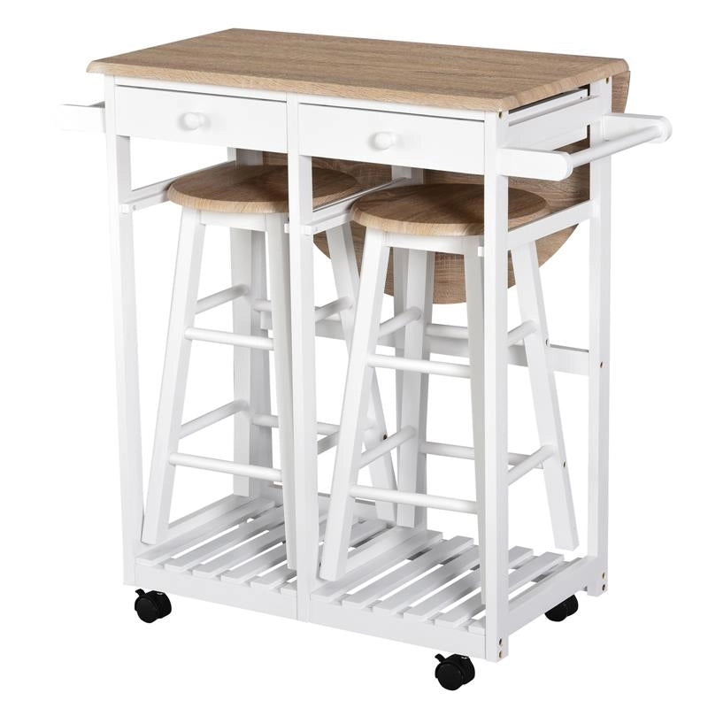 CARRELLO DA CUCINA PIEGHEVOLE CON 2 SGABELLI IN LEGNO BIANCO 83,5X74 X 83 CM