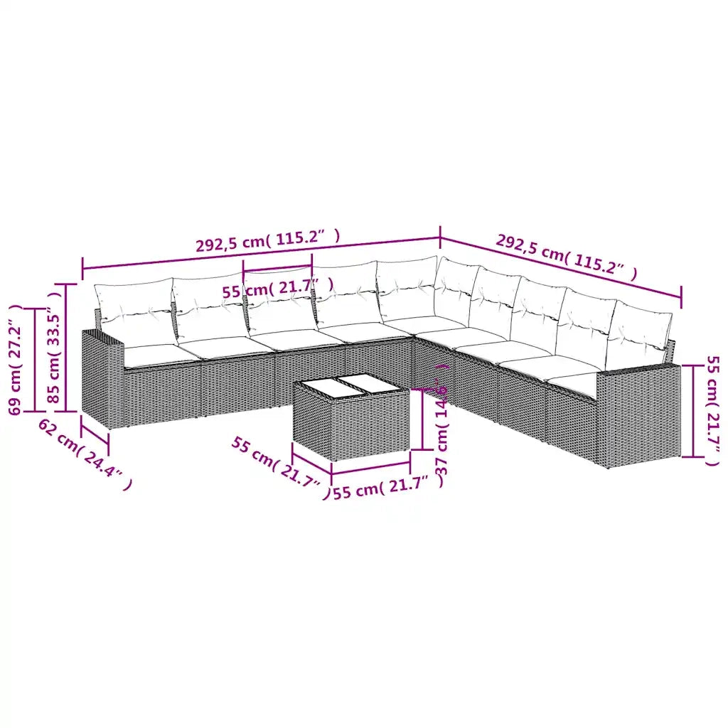 Set Divani da Giardino 10pz con Cuscini in Polyrattan Marrone