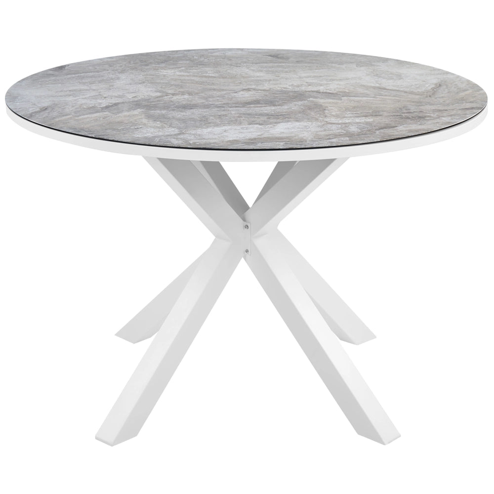 Set da pranzo 4 posti composto da tavolo in alluminio con piano in vetro ceramico grigio e sedie con cuscini bianchi giardino terrazzo elegante