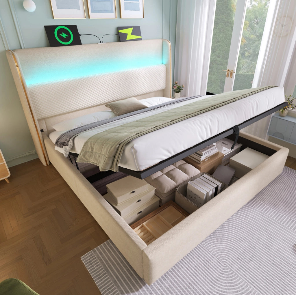 Letto contenitore 180x200 cm con LED e ricarica USB e Type C in lino beige