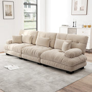 Divano angolare modulare a 3 posti in chenille marrone chiaro con seduta profonda e cuscini decorativi