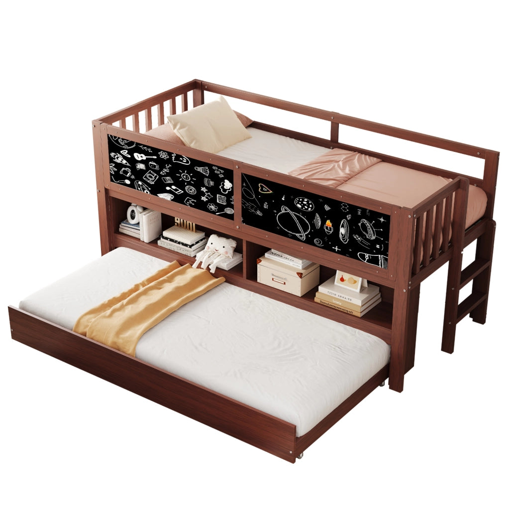 Letto a soppalco 90x200 cm con letto estraibile; lavagna e ripiani in legno marrone