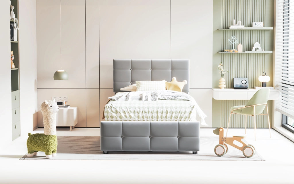 Letto per bambini imbottito con contenitore idraulico e testiera regolabile; velluto grigio; 90x200 cm; senza materasso