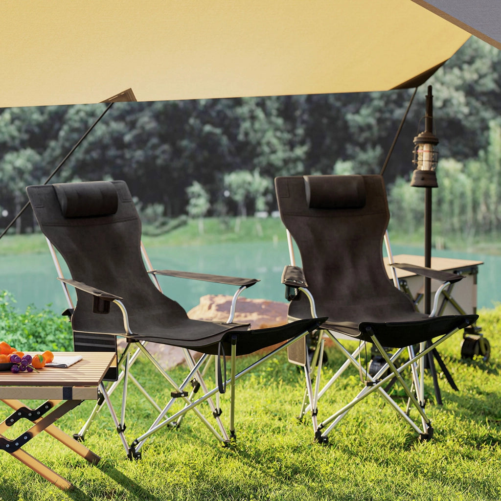 Set 2 Sedie Pieghevoli 82x50-100x88 cm con Poggiapiedi e Portabicchieri Nero
