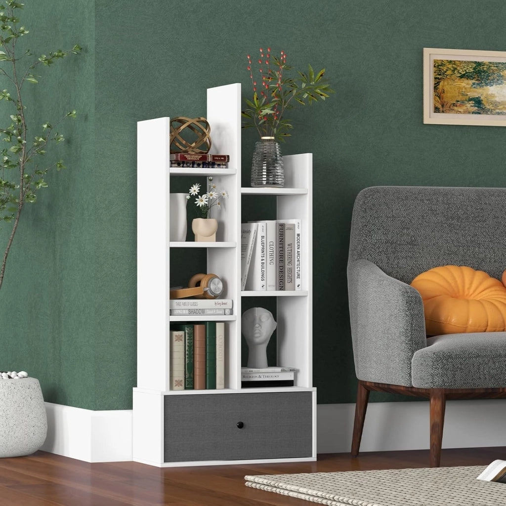 COSTWAY Libreria in Legno a 7 Piani, Scaffale Multifunzionale con 1 Cassetto e 7 Scomparti, Scaffale Espositivo per Soggiorno Studio Ufficio, 53x24x118 cm (Bianco, 1 cassetto)