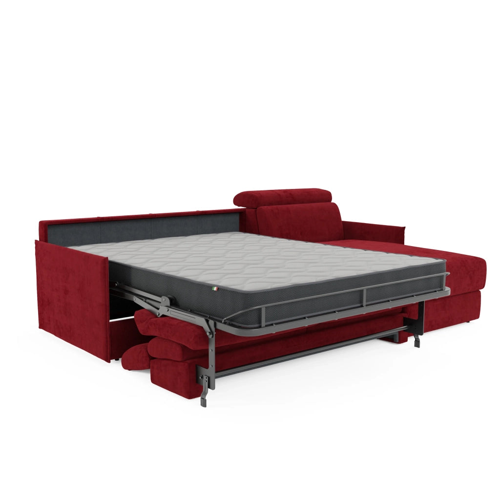 Miryam divano letto angolare compatto - poggiatesta reclinabili e penisola contenitore in tessuto smacchiabile T31 272 cm sinistro rosso