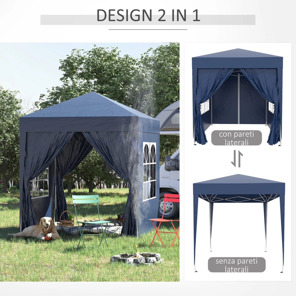 Gazebo Pieghevole Pop Up 2x2 m con 4 Pareti Rimovibili in Poliestere e Acciaio. Blu