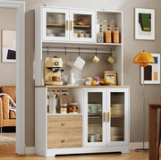 Credenza alta da cucina 178 cm con LED; prese USB; ante in vetro temperato; bianco naturale