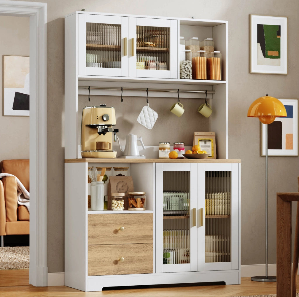 Credenza alta da cucina 178 cm con LED; prese USB; ante in vetro temperato; bianco naturale