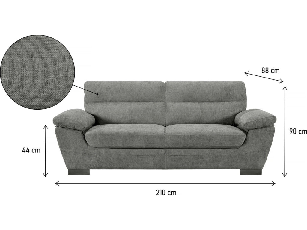 Divano fisso in tessuto "Dallas" - 210 X 88 X 90 cm - 3 posti - Grigio