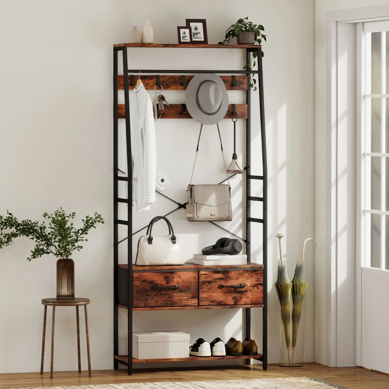 Garderoba da ingresso con panca, scarpiera, 10 ganci e 2 cassetti in tessuto, 80x30x180 cm