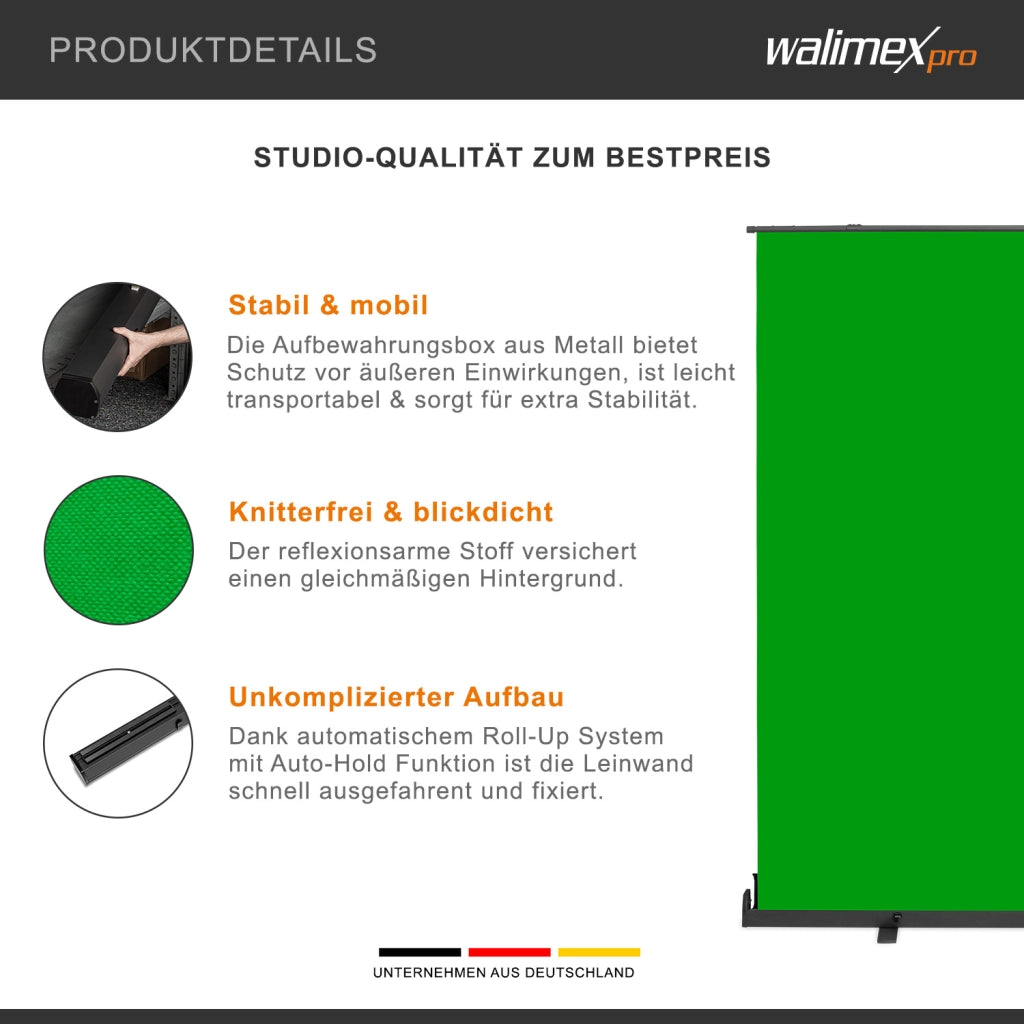 Fondale fotografico a rullo verde 210 x 220 cm, sfondo avvolgibile con supporto, sistema per studi fotografici, pannello ingualcibile ideale per chroma key