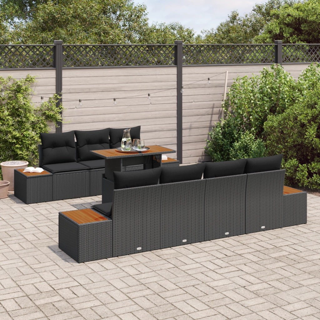 Set Divano da Giardino  8 Pezzi con Cuscini Nero Polyrattan