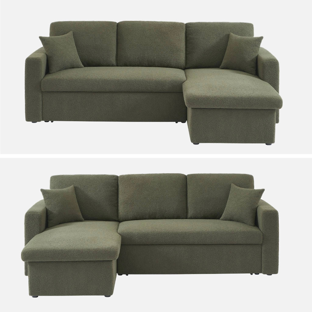 Divano letto angolare reversibile in bouclé, 3 posti, verde kaki