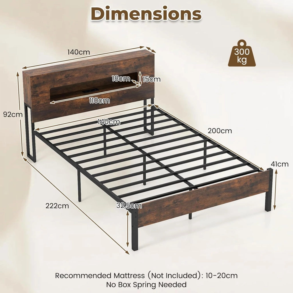 Telaio letto con vano portaoggetti, 200 x 140 cm, letto matrimoniale con prese elettriche, illuminazione a LED e doghe in metallo, senza materasso, marrone