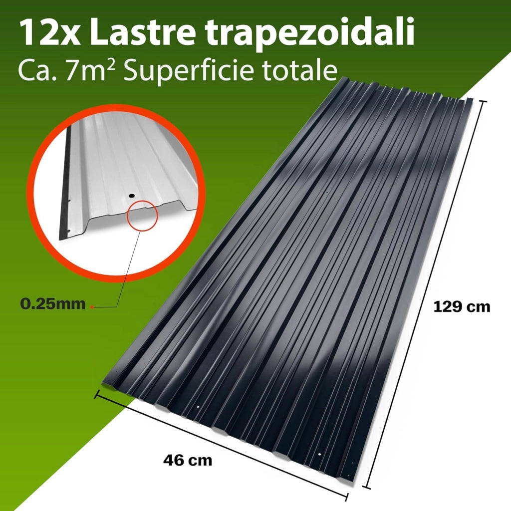 12x Lamiere Zincate Profilate in Metallo129cm x 46cm = 7m² Lastre Ondulate Trapezoidali Pannelli Resistenti Tetto Tettoia Garage Lamiera Grecata