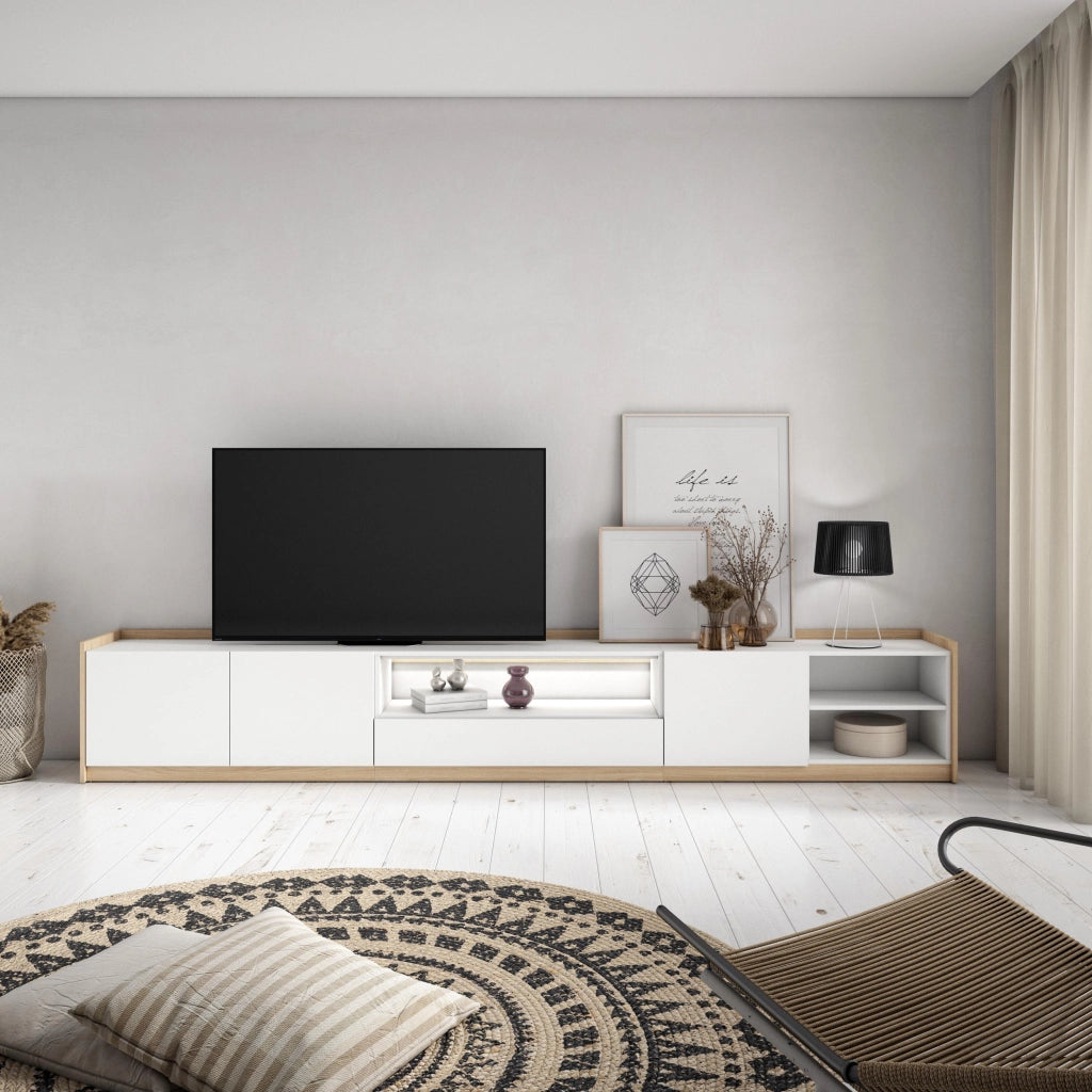 Mobile TV Soggiorno, 310x50x37 cm, Per TV fino a 80", LED, Bianco e Rovere soft