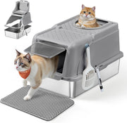 Feandrea Lettiera per Gatti in Acciaio Inossidabile con Coperchio Ribaltabile, Lettiera Chiusa XL Anti Perdite, Paletta, Spazzola, Doppio Ingresso, per Gatti fino a 15 kg, Grigio Tortora PPT005G01
