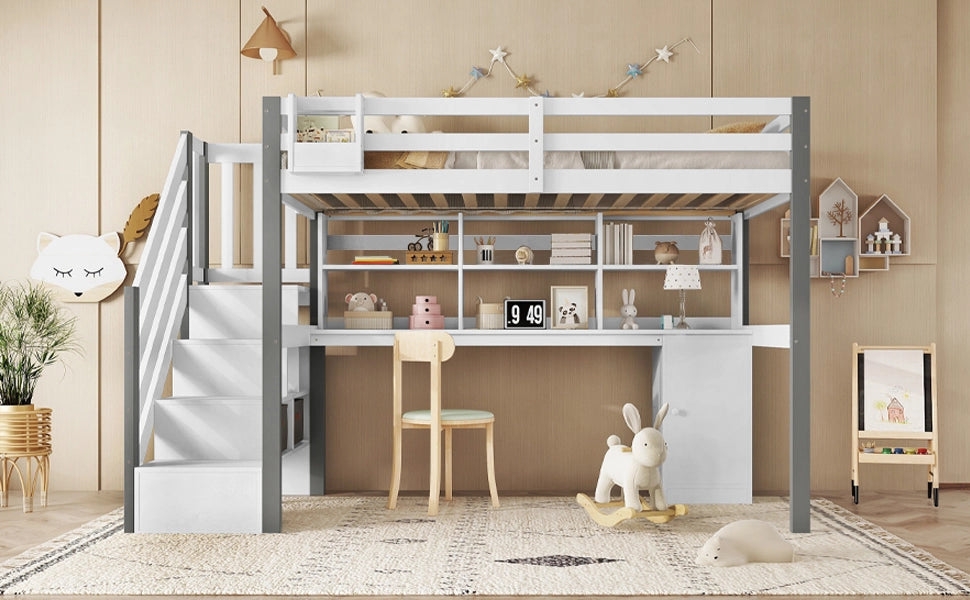 DESMIU Letto rialzato 1 posto con scrivania, contenitori, scala laterale e scaffale 90 × 200 cm, senza materasso