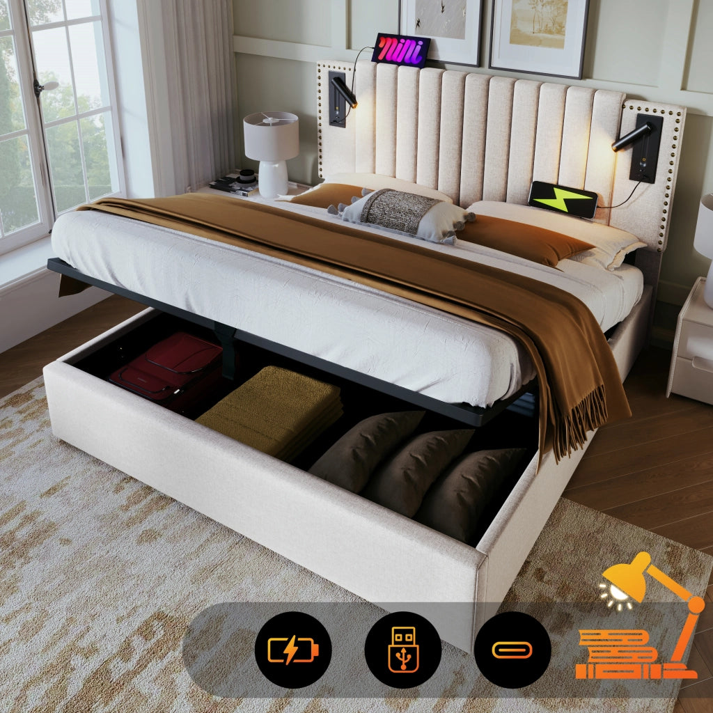 LETTO Contenitore 140x200 cm Beige con luce di lettura e USB