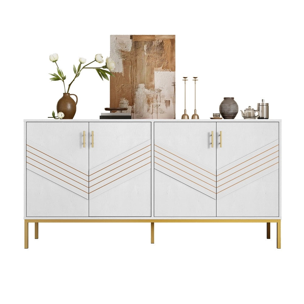 Credenza Moderna con 4 Ante ¨C MINIMAL ¨C Bianco e Oro, MDF, Gambe in Metallo, Ripiani Regolabili