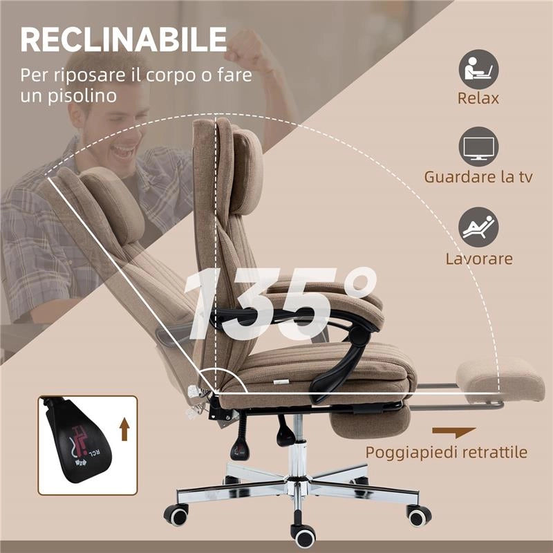 SEDIA DA UFFICIO MASSAGGIANTE CON POGGIAPIEDI E TELECOMANDO IN TESSUTO EFFETTO LINO 65X61X105-113 CM MARRONE