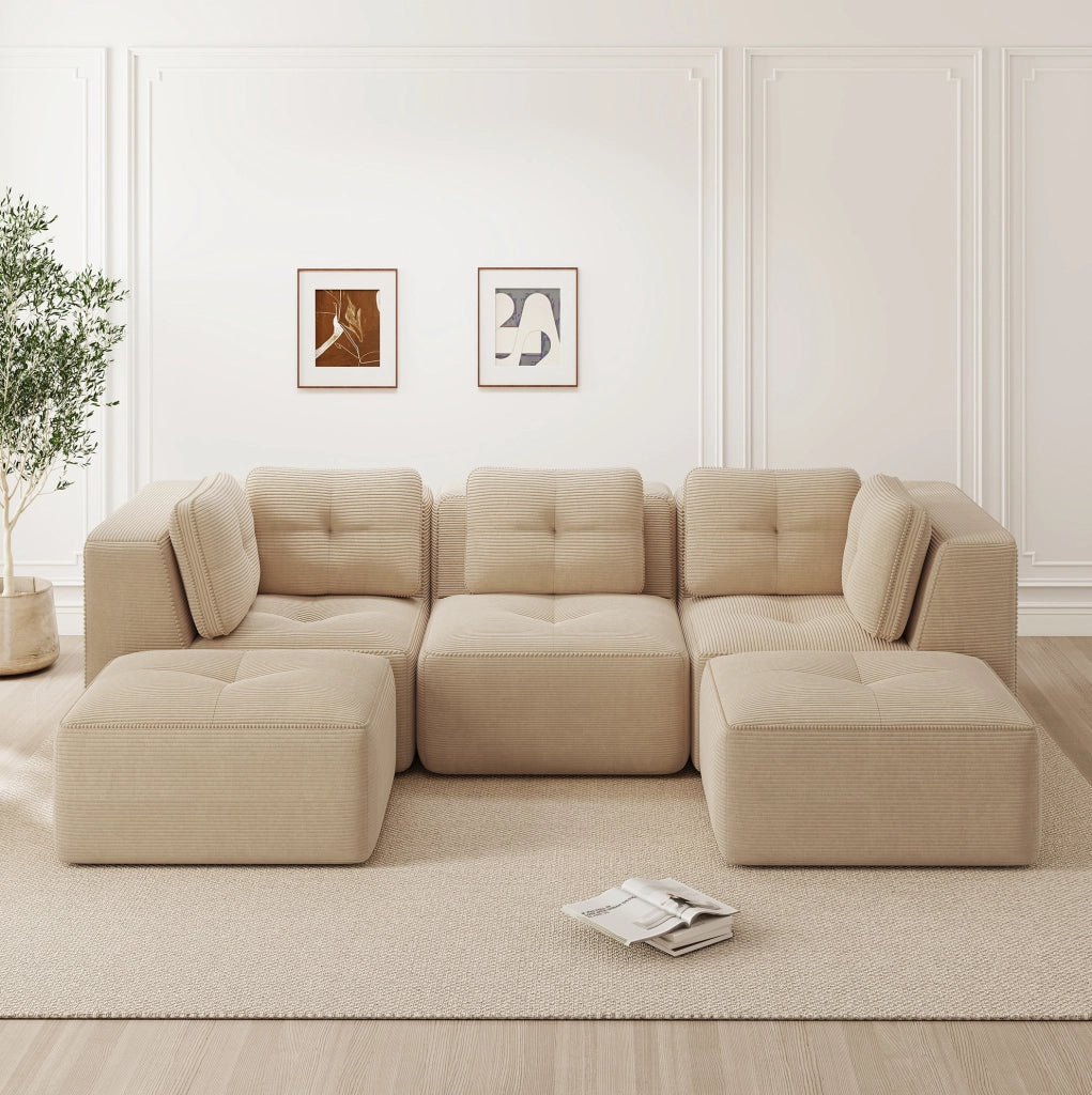 Divano angolare modulare in velluto a coste beige con seduta profonda