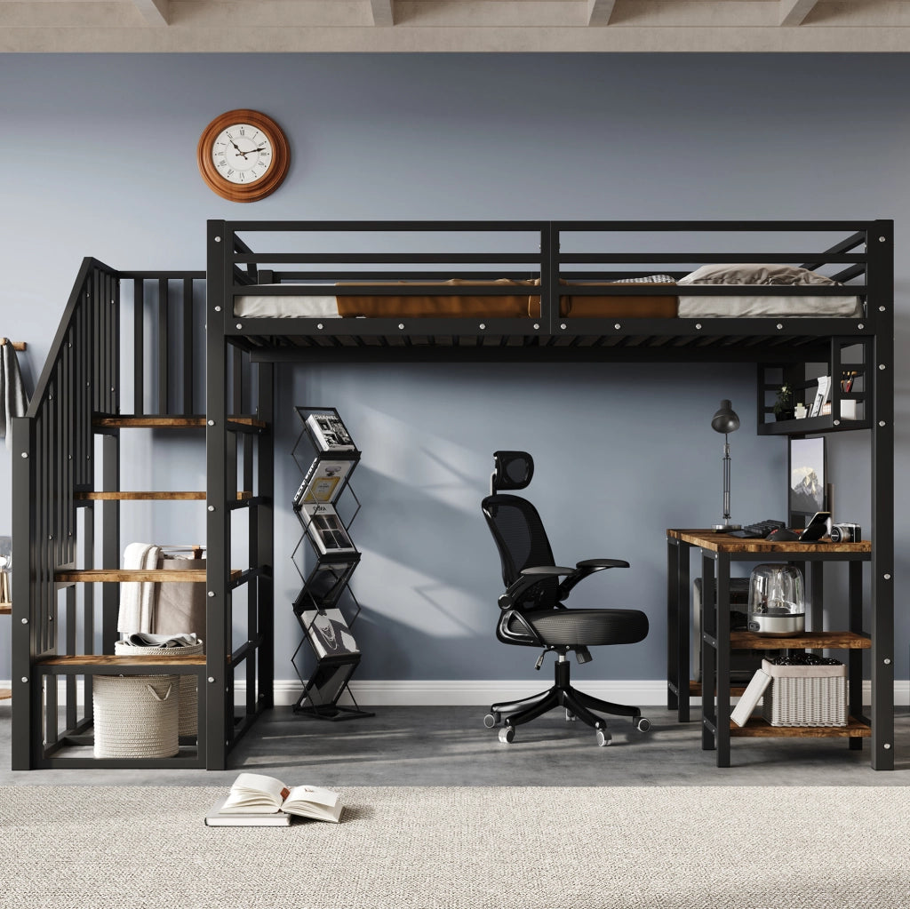 Letto a soppalco ULEVR 120x200 cm con scrivania, scaffale e scale con corrimano, nero e noce scuro