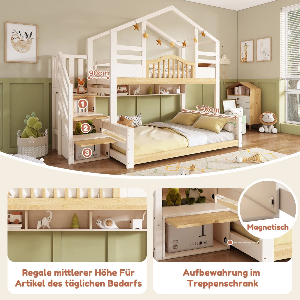 LETTO A CASTELLO 90x200/140x200 cm Bianco e Legno con scala-armadio