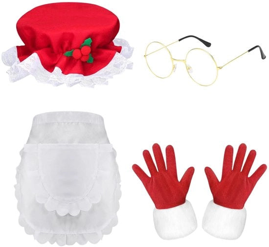 Abito da Babbo Natale Donna - Cappello da Babbo Natale - Pantaloncini da Babbo Natale - Guanti da Babbo Natale - Occhiali d'Oro - Materiale: Poliestere/Cotone - Abito da Babbo Natale Completo