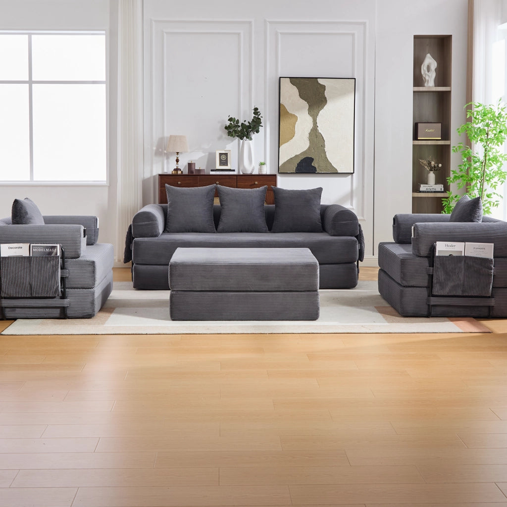 Divano modulare in velluto a coste grigio scuro con pouf