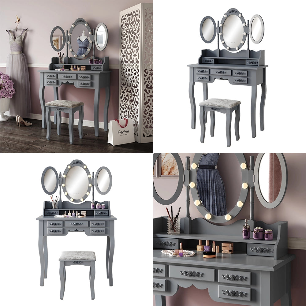 Vicco Tavolo da toilette Grigio 90 cm con illuminazione e sgabello
