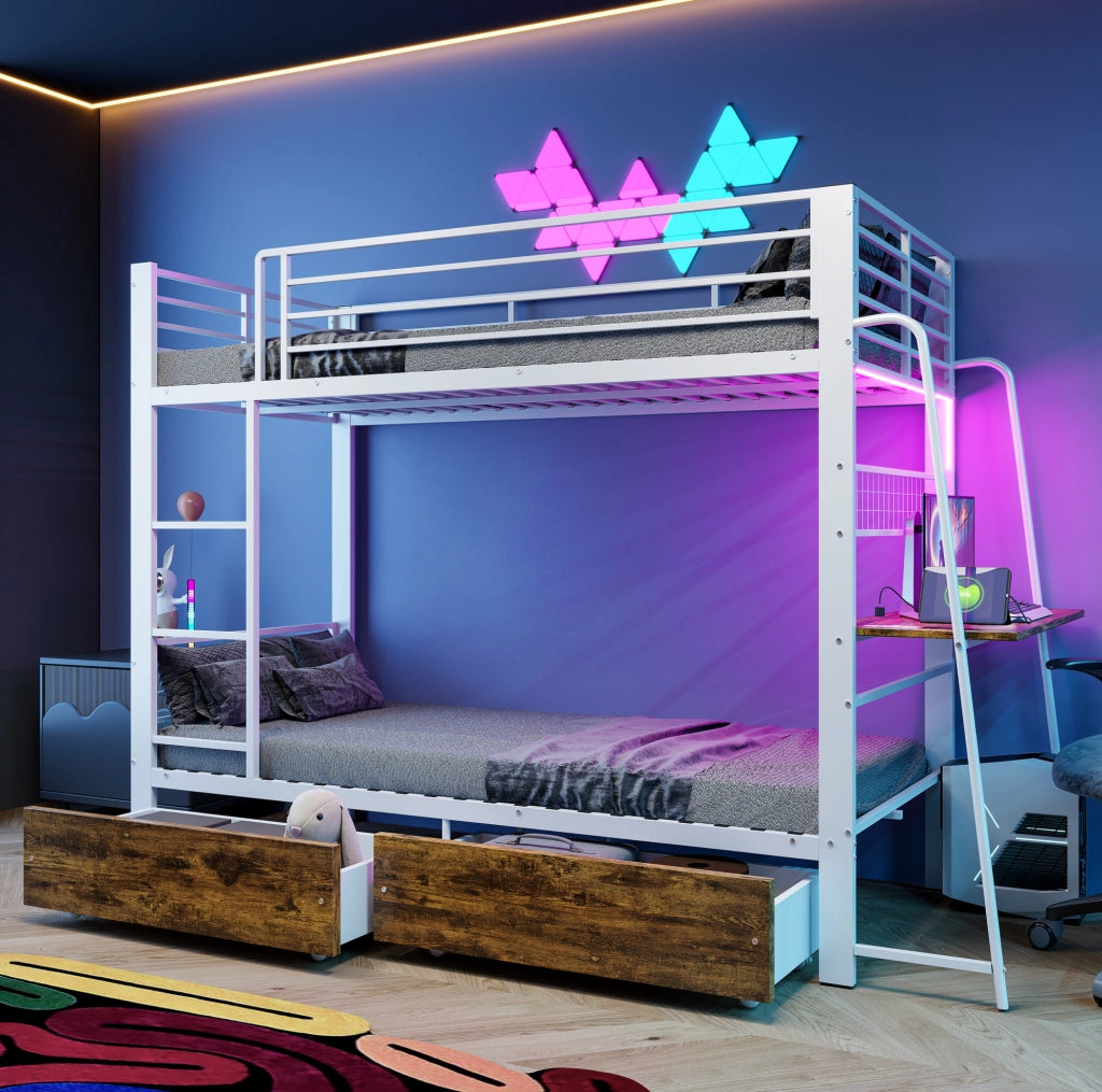 Letto a soppalco 90x200 cm con scrivania; illuminazione LED; MDF e metallo; bianco