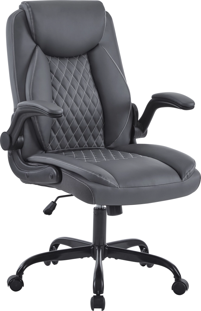 Sedia da ufficio ergonomica con supporto lombare e braccioli ribaltabili in pelle grigio
