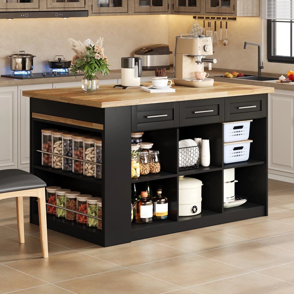 Isola da Cucina 150/246x90x90 cm Nera e Legno Naturale con Tavolo Estraibile 96 cm; 6 Cassetti e Ripiani