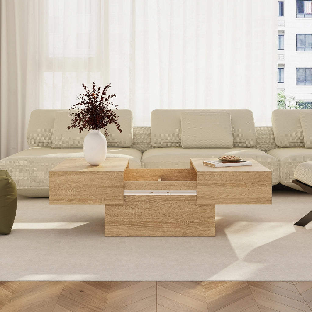 Tavolino Centrale Lens da Salotto con Piano Scorrevole 80 x 60 x 36 cm - Effetto Rovere [en.casa]