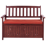Panca da Esterno con Contenitore in Legno Massello di Acacia 2 Posti 120 cm Rosso Mogano e cuscino rosso