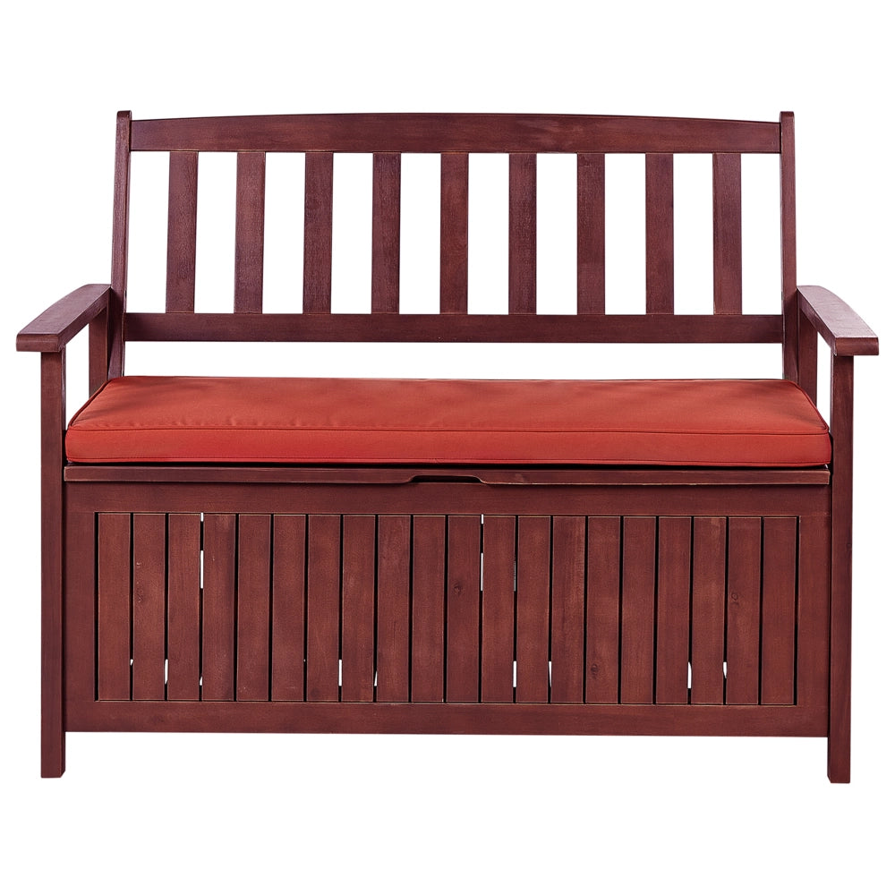Panca da Esterno con Contenitore in Legno Massello di Acacia 2 Posti 120 cm Rosso Mogano e cuscino rosso