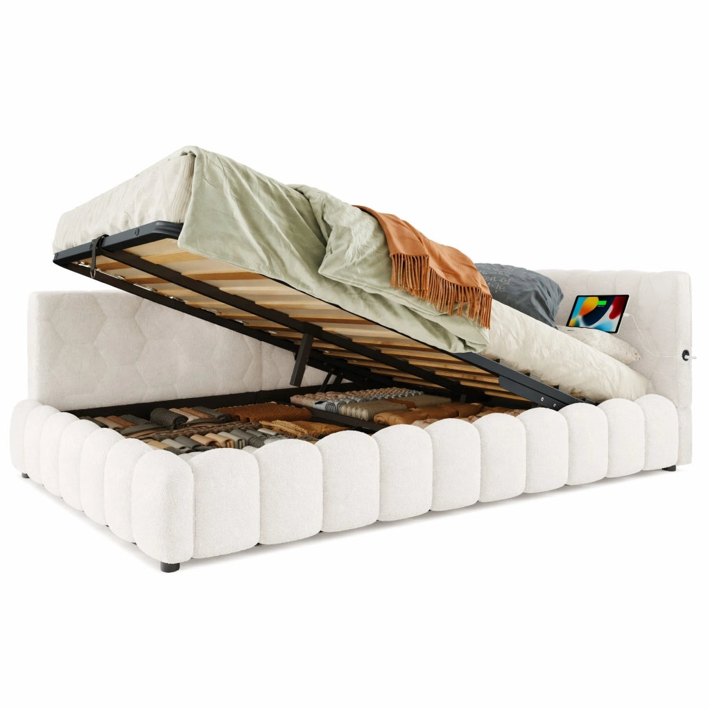 Letto daybed 140x200 cm con contenitore; LED; USB e Type-C; bianco