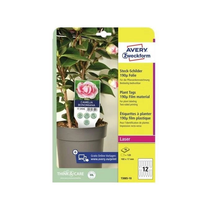 Avery ZWECKFORM 120 Cartellini per Piante in Plastica Ultraresistente 190µ 100 x 20 mm 120 Pezzi Stampabili Laser Fronte Retro con Cordoncino colore Bianco