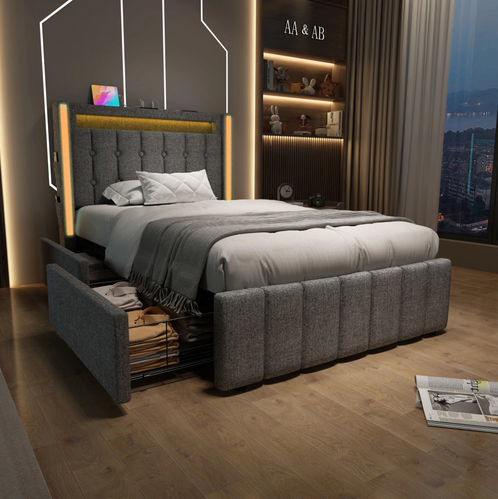 Letto contenitore 90x200 cm in lino grigio, USB Type-C, LED, senza materasso