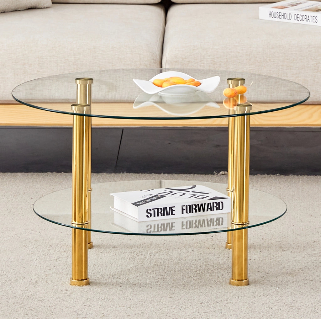 Tavolino da caffè a 2 livelli in vetro trasparente oro Ø70 cm