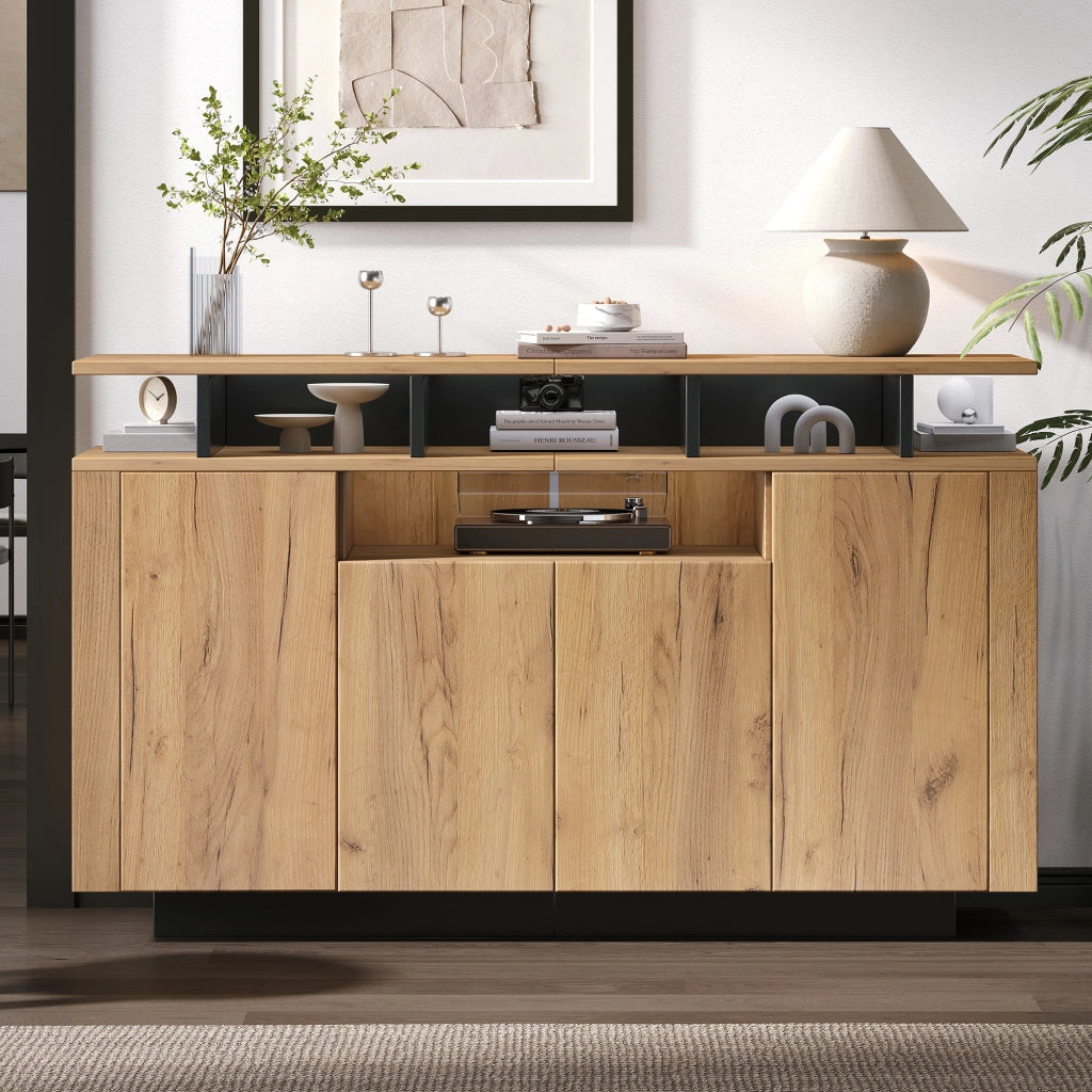 Credenza moderna in truciolato naturale e nero con 4 ante e 3 vani aperti, 140x40x85 cm