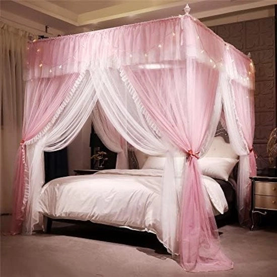 Letto a Soglia con Ruches - Capanna Quadrata con 4 Aperture - Rete a Mosche doppia a Doppia Parete - Romantico e Soffice - Ideale per la Camera delle Ragazze (Rosso/Bianco, 135x200x210 cm)