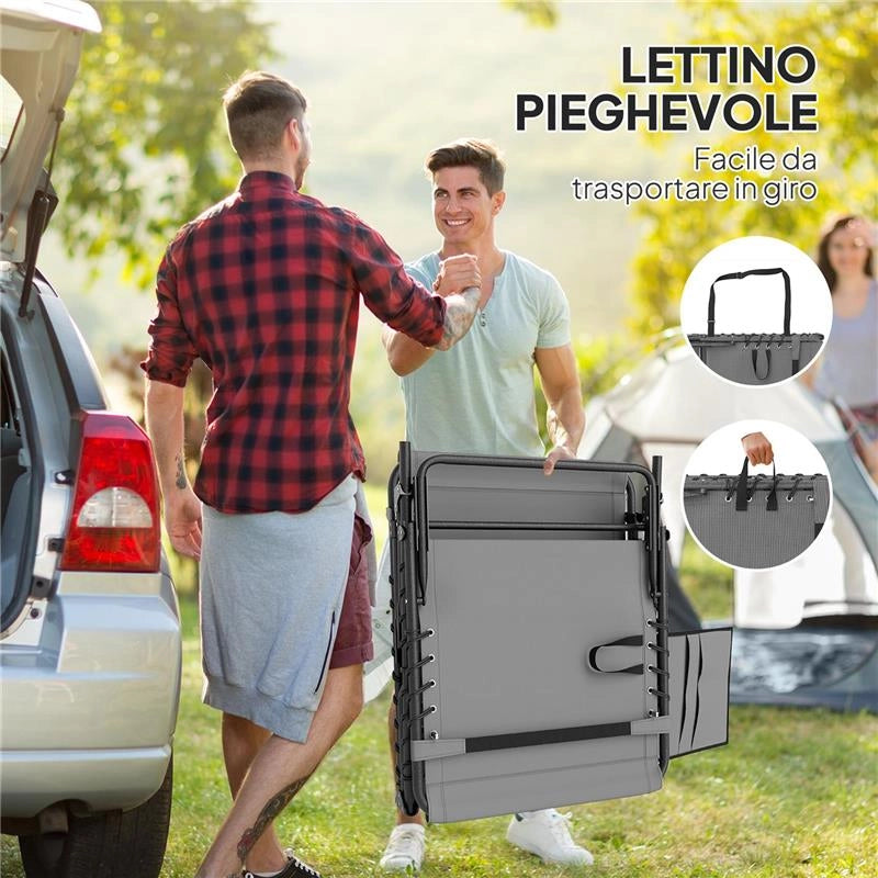 SDRAIO DA GIARDINO PIEGHEVOLE E RECLINABILE A 5 LIVELLI CON TAVOLINO LATERALE E TASCA 60X190X31 CM GRIGIO E NERO